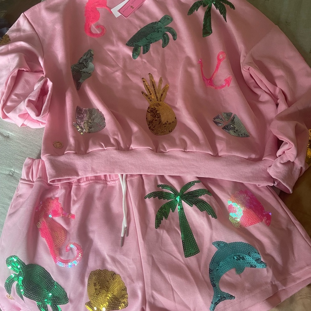 Simply Southern Pink Sequin Sweatshirt and Shorts Set